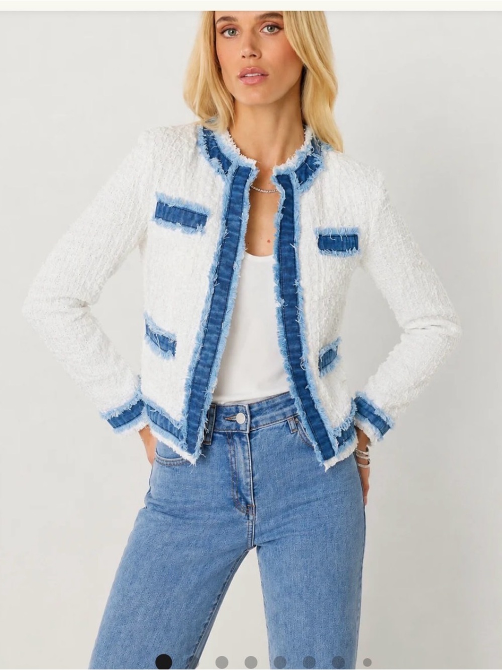 Noli Shop Julia White Tweed Jacket with Blue denim Trim